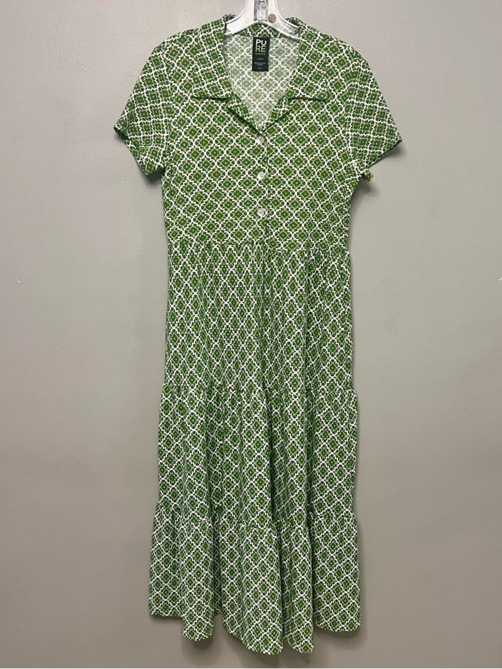 PURE Essence Green Geometric Tiered Maxi Dress Short Sleeve Collared Small